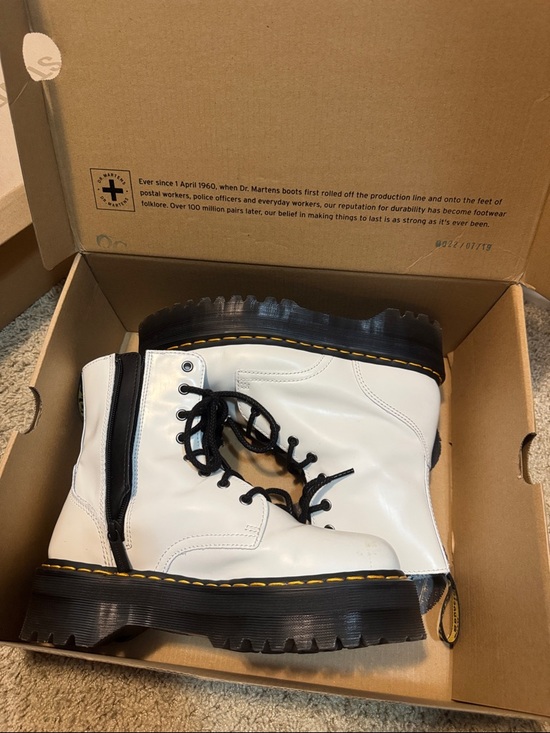 Dr. Martens Shoes - Dr. Martens White Leather Lace-Up Combat Boots with Yellow Stitching